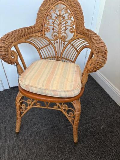 American Victorian natural wicker arm chair with woven roll arms