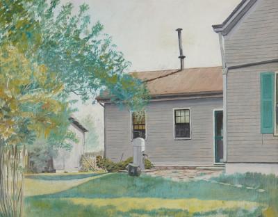 American oil on academy board summertime study of a clapboard house c 1935 