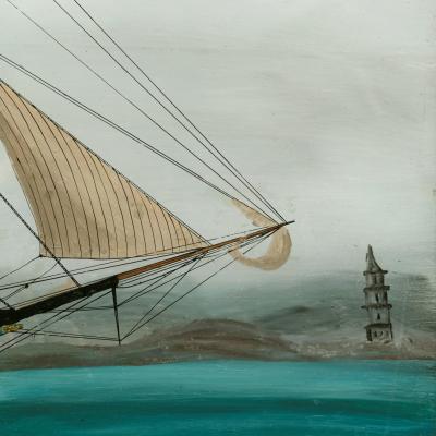 American reverse glass painting of the ship Hurricane of Boston