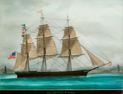 American reverse glass painting of the ship Hurricane of Boston