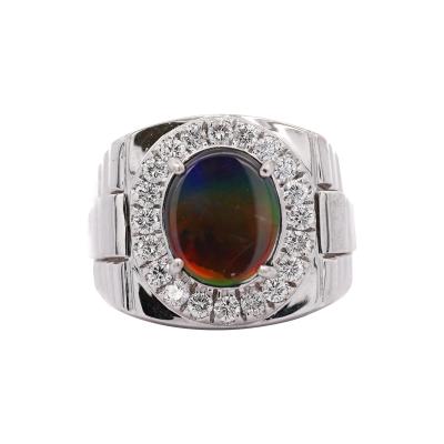 Ammolite Diamond Halo in 14K White Gold Mens Statement Ring