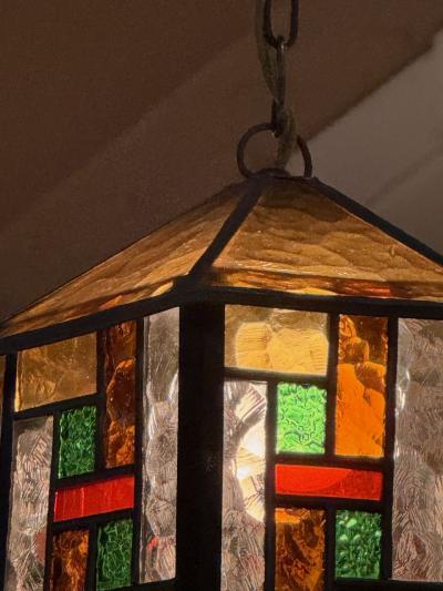 Amsterdam School Hexagonal Leaded Glass Chandelier Holland circa 1925