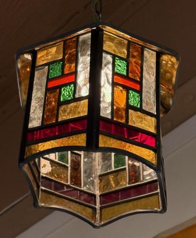 Amsterdam School Hexagonal Leaded Glass Chandelier Holland circa 1925