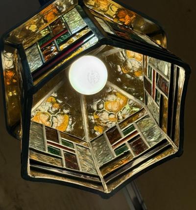 Amsterdam School Hexagonal Leaded Glass Chandelier Holland circa 1925