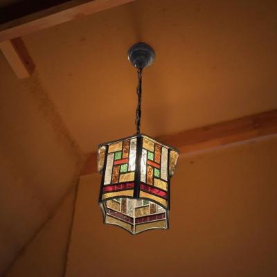 Amsterdam School Hexagonal Leaded Glass Chandelier Holland circa 1925