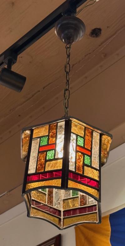 Amsterdam School Hexagonal Leaded Glass Chandelier Holland circa 1925