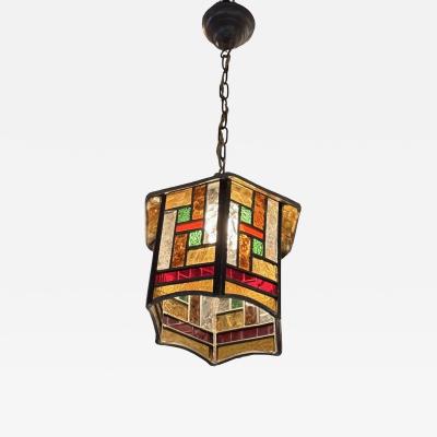 Amsterdam School Hexagonal Leaded Glass Chandelier Holland circa 1925
