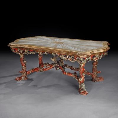 Amulet Bertoni Outstanding Italian Carved Wood Polychrome Centre Table With Onyx Top