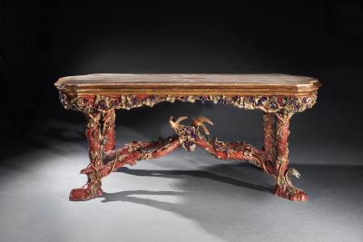 Amulet Bertoni Outstanding Italian Carved Wood Polychrome Centre Table With Onyx Top