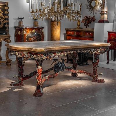 Amulet Bertoni Outstanding Italian Carved Wood Polychrome Centre Table With Onyx Top