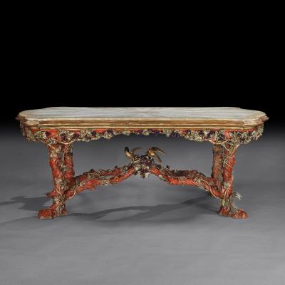 Amulet Bertoni Outstanding Italian Carved Wood Polychrome Centre Table With Onyx Top