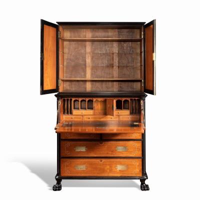 An Anglo Chinese camphor and ebony campaign secretaire bookcase