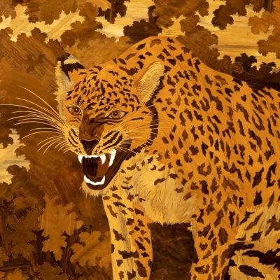 An Art Deco marquetry panel of a jaguar