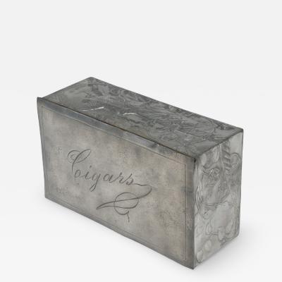 An Art Nouveau Continental Pewter Cigar Box W Cedar Lining Decor of Pheasant