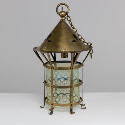 An Arts Crafts Brass Lantern with the Original Vaseline Shade