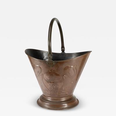 An Arts Crafts Copper Coal Bucket with Floral Decoration Chocolate Patina