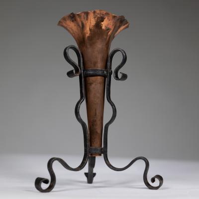 An Arts Crafts Copper Hand Wrought Iron Conical Flower Vase