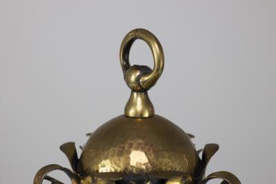 An Arts Crafts Hammered Brass Lantern with Opaque Ribbed Glass Liner