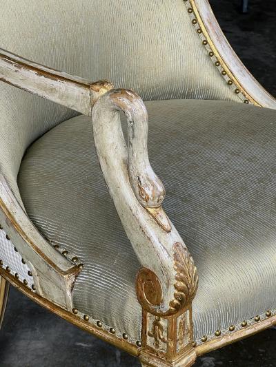 An Elegant Pair Italian Empire Pale green Painted and Parcel gilt Armchairs