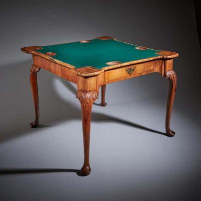 An Elegant and Rare George II Pollard Oak and Walnut Card Table Circa 1740