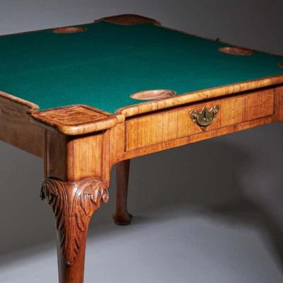 An Elegant and Rare George II Pollard Oak and Walnut Card Table Circa 1740