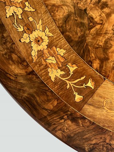An English Burr Walnut and Marquetry Tilt top Breakfast Center Table