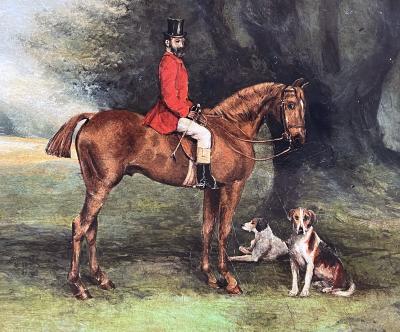 An English regency style hand painted wooden hunting tray on stand