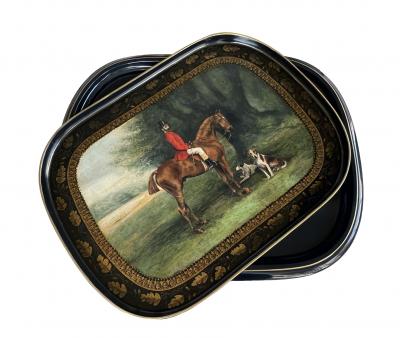 An English regency style hand painted wooden hunting tray on stand