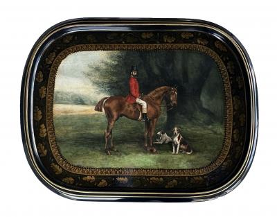 An English regency style hand painted wooden hunting tray on stand