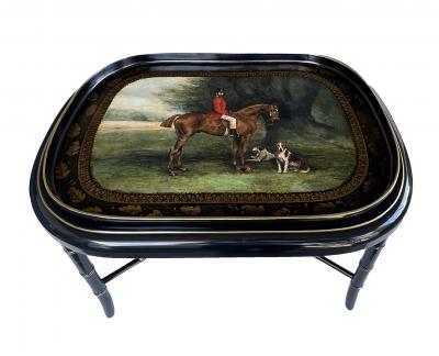 An English regency style hand painted wooden hunting tray on stand