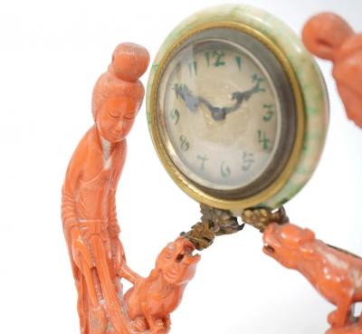 An Exceptional Edward I Farmer Jade and Coral Clock Garniture with Lamps