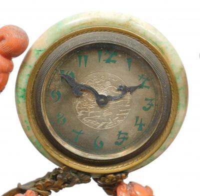 An Exceptional Edward I Farmer Jade and Coral Clock Garniture with Lamps
