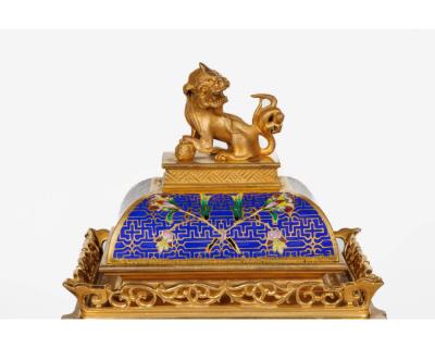 An Exceptional French Japonisme Ormolu and Champleve Enamel Five Piece Clock Set