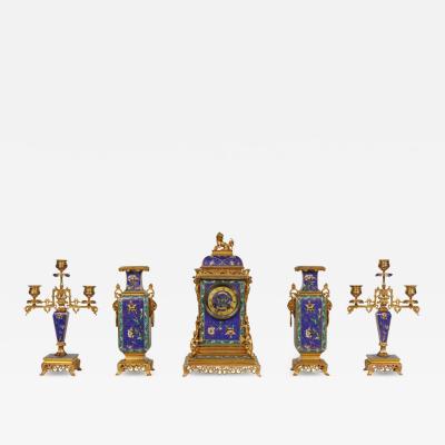 An Exceptional French Japonisme Ormolu and Champleve Enamel Five Piece Clock Set