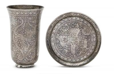 An Exceptional Indian Solid Silver Niello Beaker and Saucer circa 1800