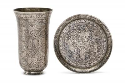 An Exceptional Indian Solid Silver Niello Beaker and Saucer circa 1800