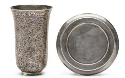 An Exceptional Indian Solid Silver Niello Beaker and Saucer circa 1800