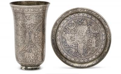 An Exceptional Indian Solid Silver Niello Beaker and Saucer circa 1800
