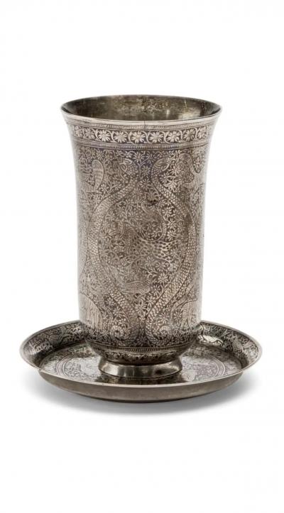 An Exceptional Indian Solid Silver Niello Beaker and Saucer circa 1800