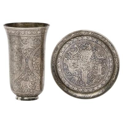 An Exceptional Indian Solid Silver Niello Beaker and Saucer circa 1800