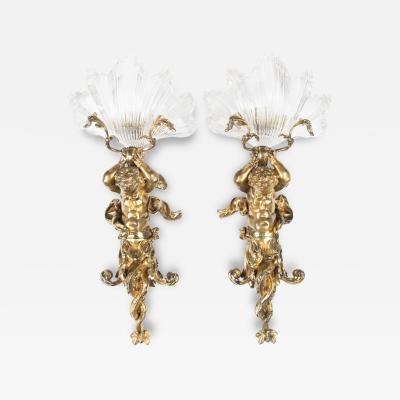An Exceptional Pair of Ormolu Glass Triton Wall Lights by Lerolle of Paris