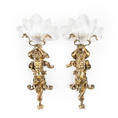 An Exceptional Pair of Ormolu Glass Triton Wall Lights by Lerolle of Paris