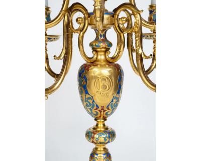 An Exceptional Suite of Champleve Enamel Ormolu Candelabra by Sevin Barbedienne