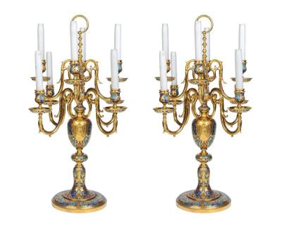 An Exceptional Suite of Champleve Enamel Ormolu Candelabra by Sevin Barbedienne