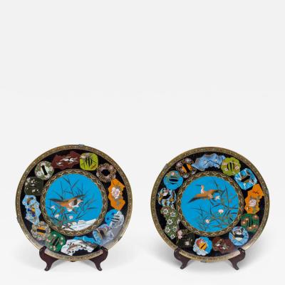 An Exquisite Large Pair of Meiji Period Cloisonn Enamel Plates with Tsubas