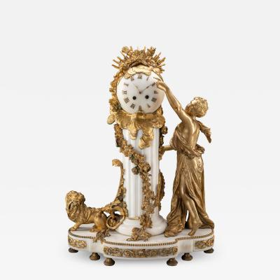 An Exquisite Louis XVI style Gilt Bronze and Marble Figural Mantel Clock