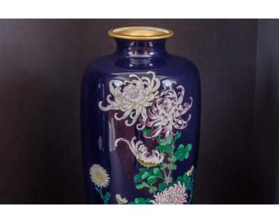 An Exquisite Pair Of Japanese Cloisonn Enamel Vases with Chrysanthemum Blossoms