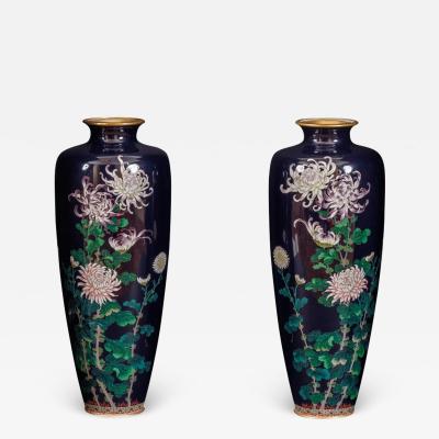 An Exquisite Pair Of Japanese Cloisonn Enamel Vases with Chrysanthemum Blossoms