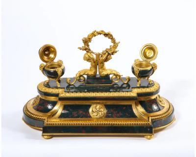 An Exquisite and Rare French Louis XVI Style Ormolu Mounted Bloodstone Inkwell