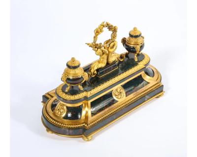 An Exquisite and Rare French Louis XVI Style Ormolu Mounted Bloodstone Inkwell